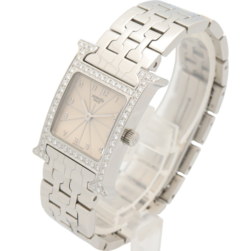 愛馬仕 H-Watch 鑲鑽錶圈女士腕錶 不鏽鋼 象牙色 HH1.230-1