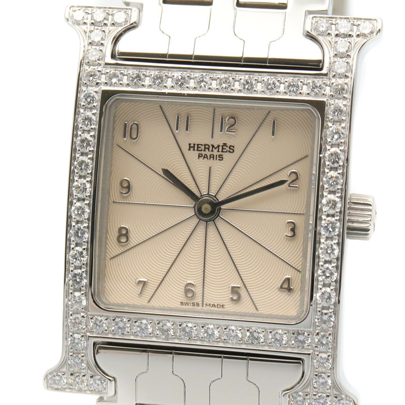 愛馬仕 H-Watch 鑲鑽錶圈女士腕錶 不鏽鋼 象牙色 HH1.230-2