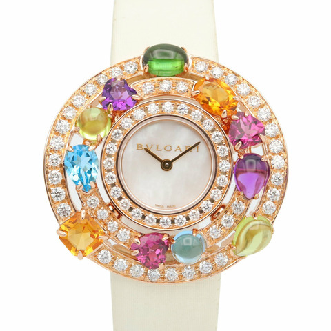 寶格麗 (Bulgari) Astrale Cerchi 系列鑽石及彩色寶石腕錶，18K 玫瑰金 (PG)，鑲鑽，皮錶帶，女士款，白色錶殼，AEP36G