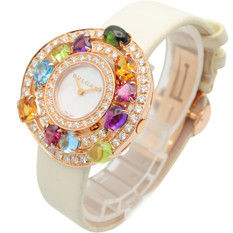 寶格麗 (Bulgari) Astrale Cerchi 系列鑽石及彩色寶石腕錶，18K 玫瑰金 (PG)，鑲鑽，皮錶帶，女士款，白色錶殼，AEP36G-1