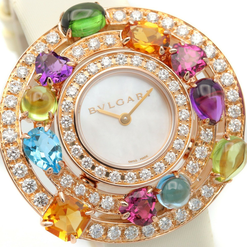 寶格麗 (Bulgari) Astrale Cerchi 系列鑽石及彩色寶石腕錶，18K 玫瑰金 (PG)，鑲鑽，皮錶帶，女士款，白色錶殼，AEP36G-2