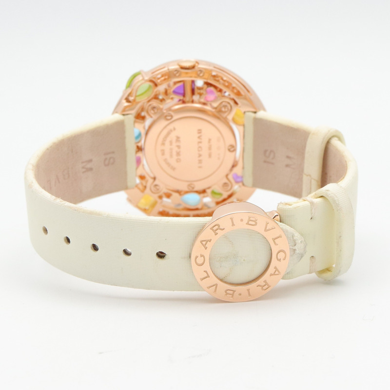 寶格麗 (Bulgari) Astrale Cerchi 系列鑽石及彩色寶石腕錶，18K 玫瑰金 (PG)，鑲鑽，皮錶帶，女士款，白色錶殼，AEP36G-3