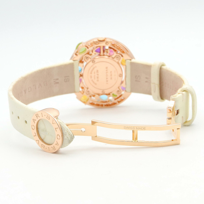 寶格麗 (Bulgari) Astrale Cerchi 系列鑽石及彩色寶石腕錶，18K 玫瑰金 (PG)，鑲鑽，皮錶帶，女士款，白色錶殼，AEP36G-4