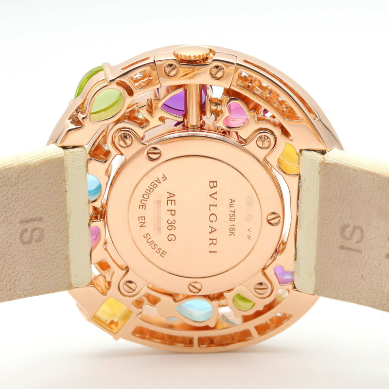 寶格麗 (Bulgari) Astrale Cerchi 系列鑽石及彩色寶石腕錶，18K 玫瑰金 (PG)，鑲鑽，皮錶帶，女士款，白色錶殼，AEP36G-5
