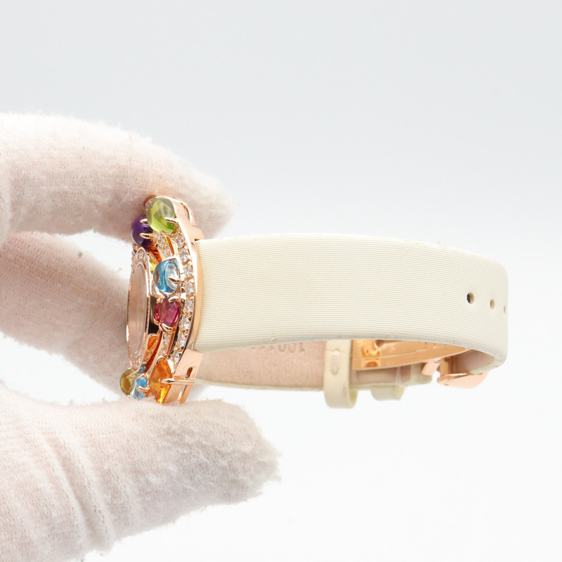 寶格麗 (Bulgari) Astrale Cerchi 系列鑽石及彩色寶石腕錶，18K 玫瑰金 (PG)，鑲鑽，皮錶帶，女士款，白色錶殼，AEP36G-8