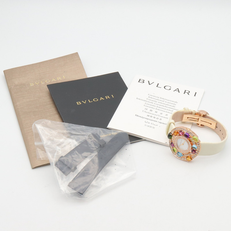 寶格麗 (Bulgari) Astrale Cerchi 系列鑽石及彩色寶石腕錶，18K 玫瑰金 (PG)，鑲鑽，皮錶帶，女士款，白色錶殼，AEP36G-13