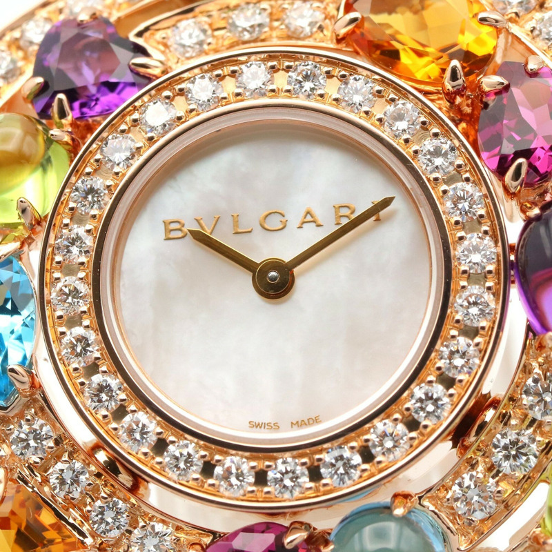 寶格麗 (Bulgari) Astrale Cerchi 系列鑽石及彩色寶石腕錶，18K 玫瑰金 (PG)，鑲鑽，皮錶帶，女士款，白色錶殼，AEP36G-14