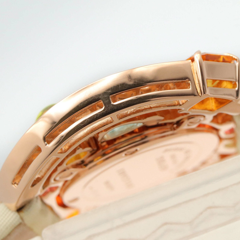 寶格麗 (Bulgari) Astrale Cerchi 系列鑽石及彩色寶石腕錶，18K 玫瑰金 (PG)，鑲鑽，皮錶帶，女士款，白色錶殼，AEP36G-15