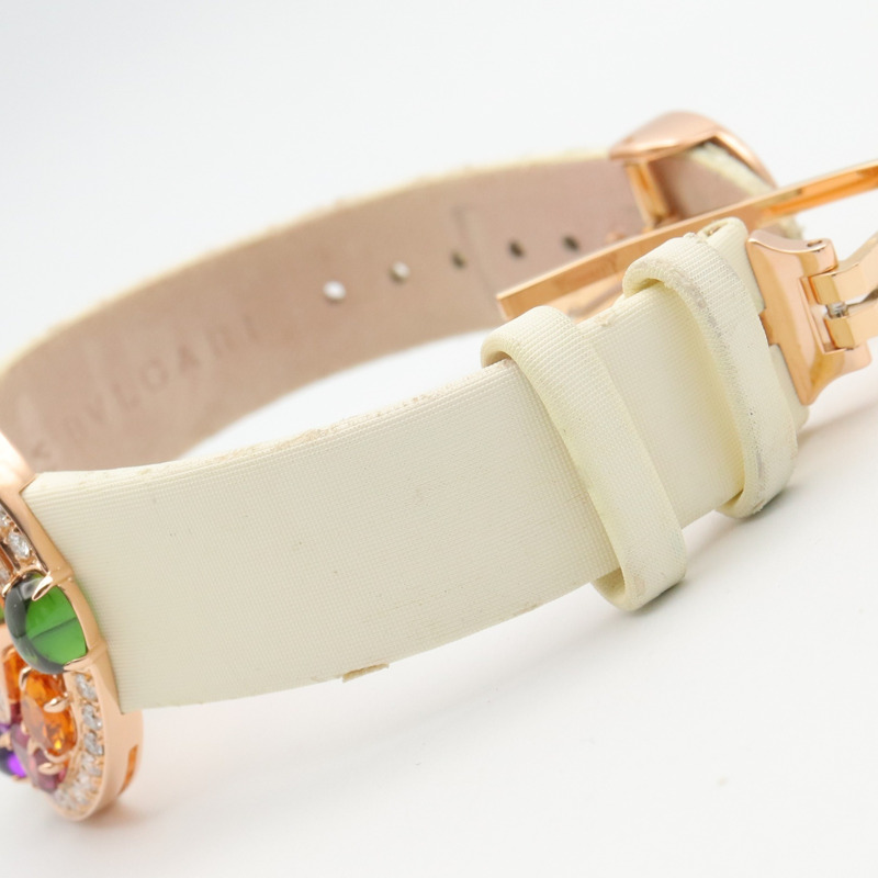 寶格麗 (Bulgari) Astrale Cerchi 系列鑽石及彩色寶石腕錶，18K 玫瑰金 (PG)，鑲鑽，皮錶帶，女士款，白色錶殼，AEP36G-19