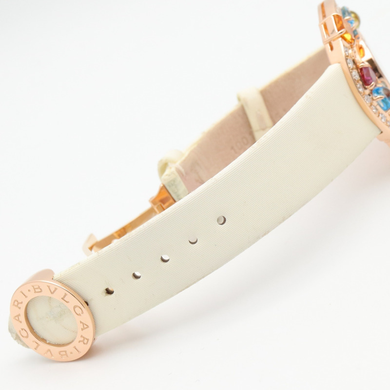 寶格麗 (Bulgari) Astrale Cerchi 系列鑽石及彩色寶石腕錶，18K 玫瑰金 (PG)，鑲鑽，皮錶帶，女士款，白色錶殼，AEP36G-20