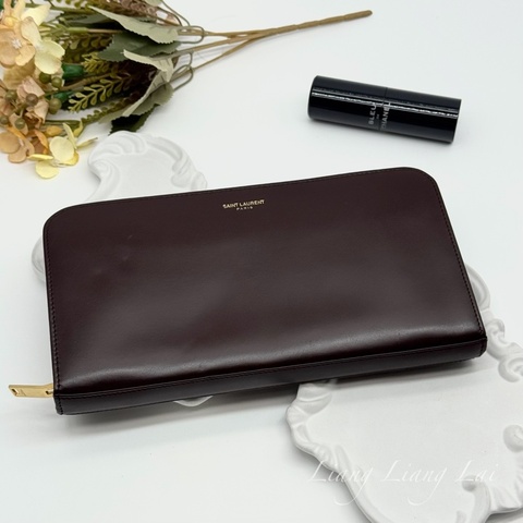 SAINT LAURENT 聖羅蘭 勃根地酒紅色小牛皮手拿長夾