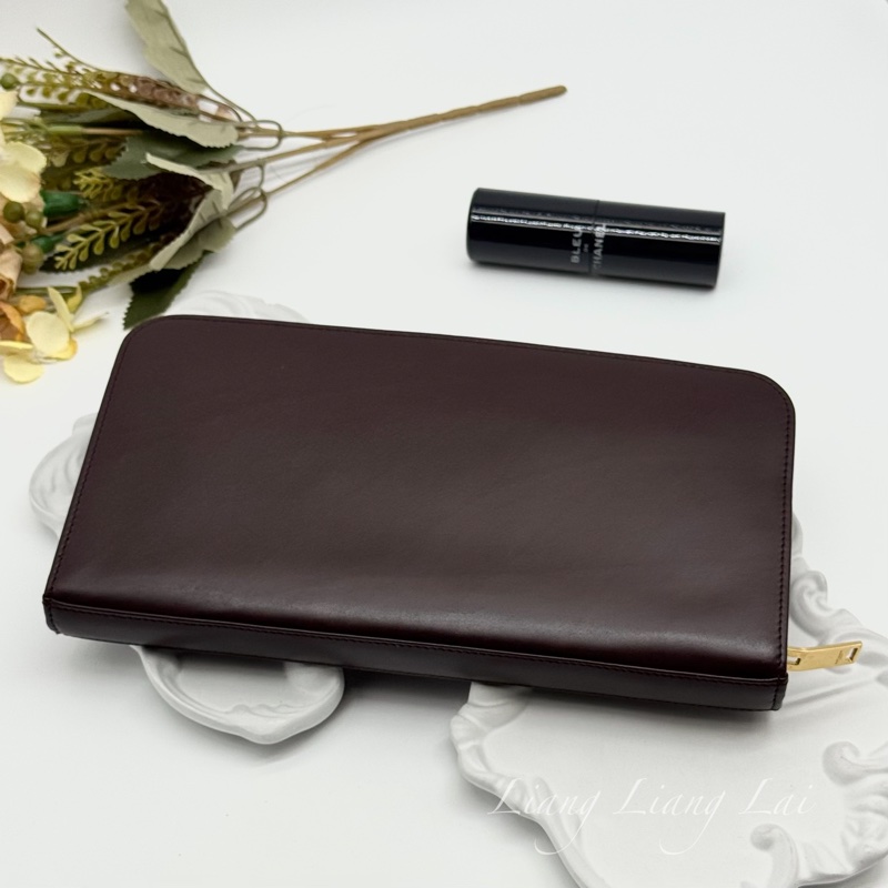 SAINT LAURENT 聖羅蘭 勃根地酒紅色小牛皮手拿長夾-1