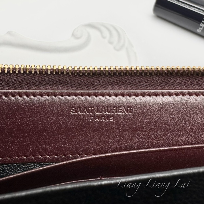SAINT LAURENT 聖羅蘭 勃根地酒紅色小牛皮手拿長夾-2