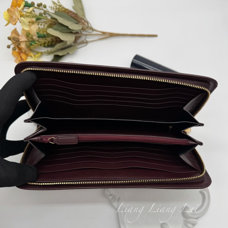 SAINT LAURENT 聖羅蘭 勃根地酒紅色小牛皮手拿長夾-5