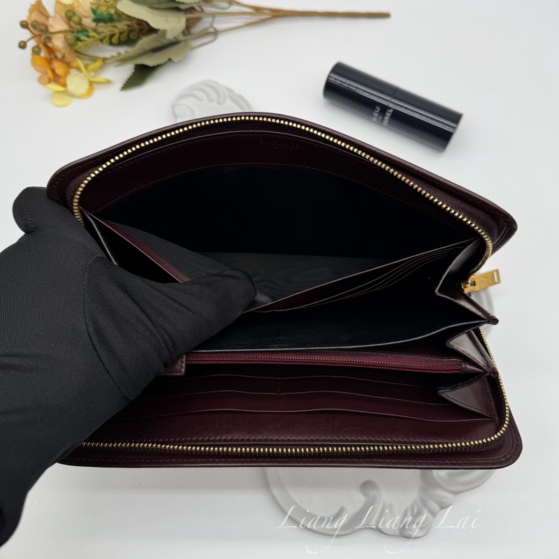 SAINT LAURENT 聖羅蘭 勃根地酒紅色小牛皮手拿長夾-6