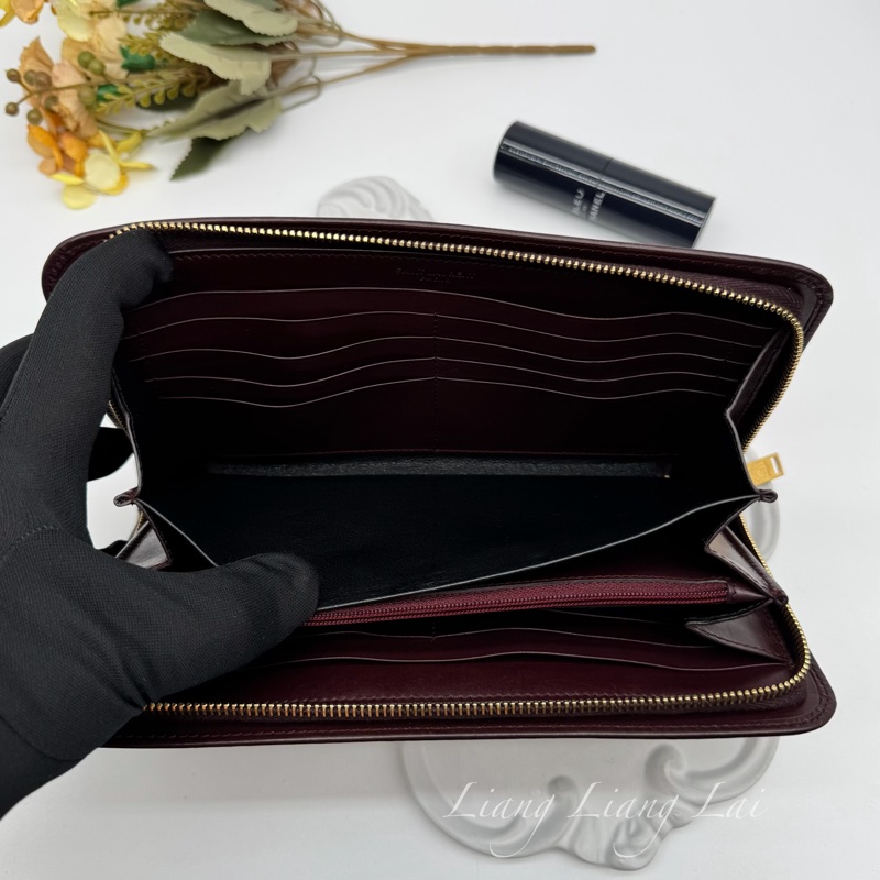 SAINT LAURENT 聖羅蘭 勃根地酒紅色小牛皮手拿長夾-7