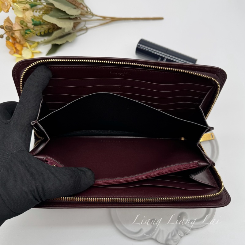 SAINT LAURENT 聖羅蘭 勃根地酒紅色小牛皮手拿長夾-8