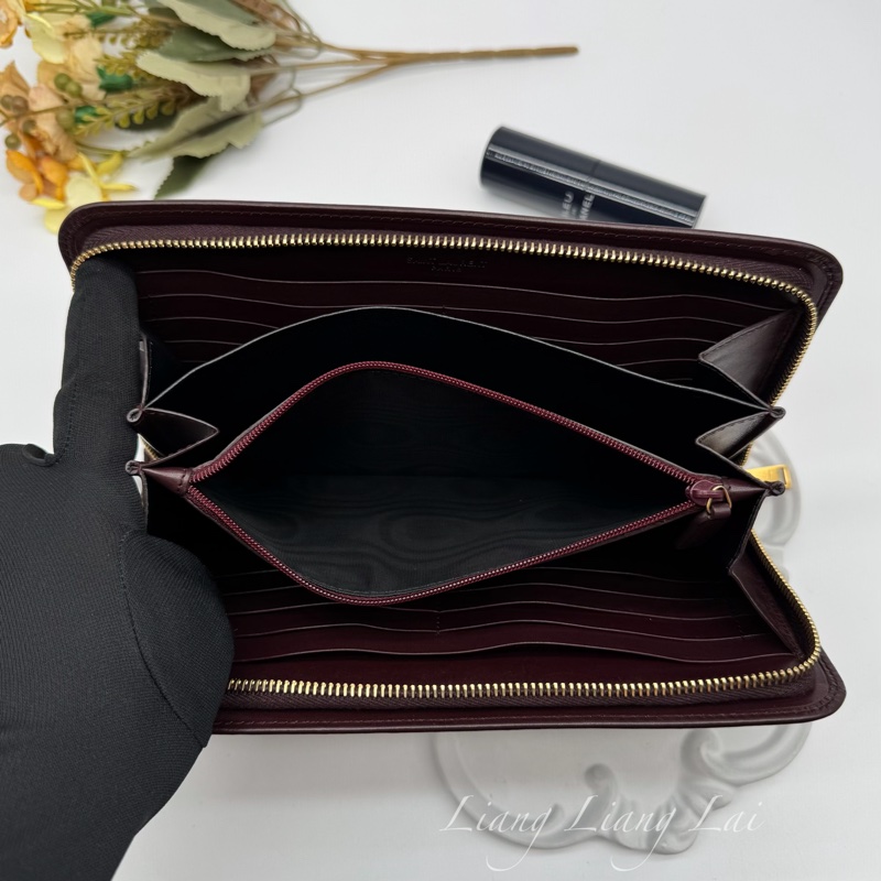 SAINT LAURENT 聖羅蘭 勃根地酒紅色小牛皮手拿長夾-9