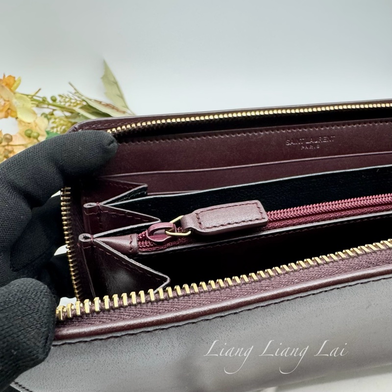 SAINT LAURENT 聖羅蘭 勃根地酒紅色小牛皮手拿長夾-10