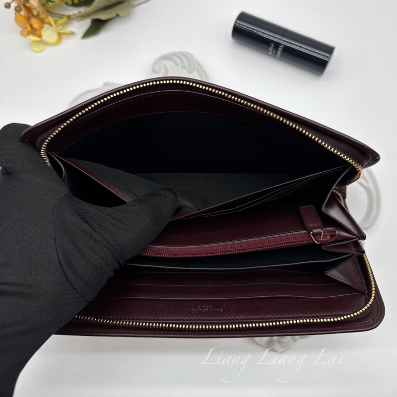 SAINT LAURENT 聖羅蘭 勃根地酒紅色小牛皮手拿長夾-12