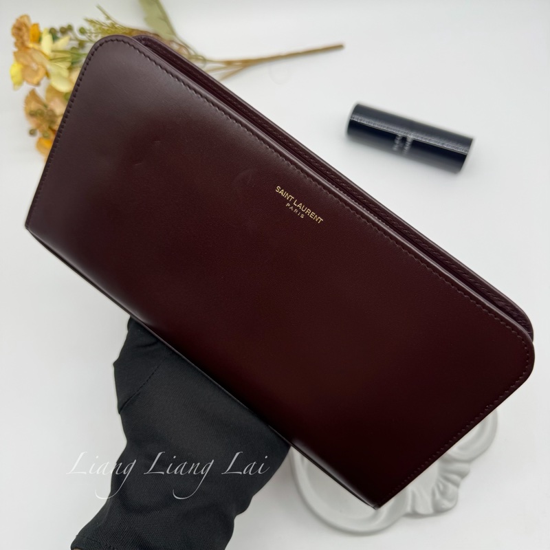 SAINT LAURENT 聖羅蘭 勃根地酒紅色小牛皮手拿長夾-17