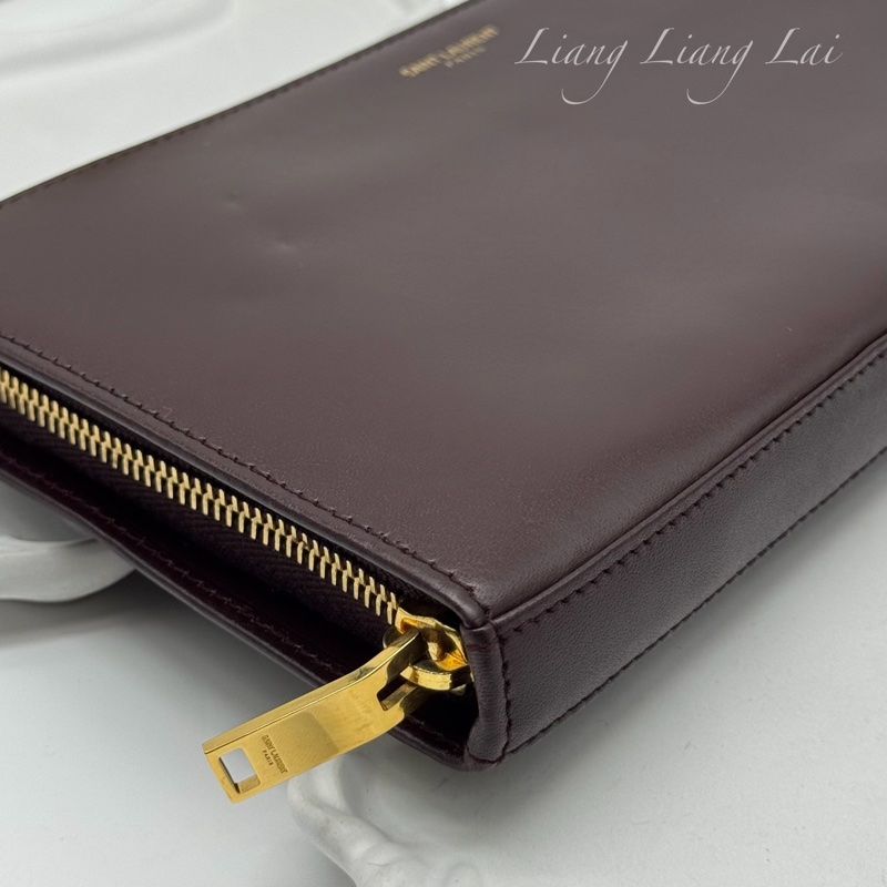 SAINT LAURENT 聖羅蘭 勃根地酒紅色小牛皮手拿長夾-25