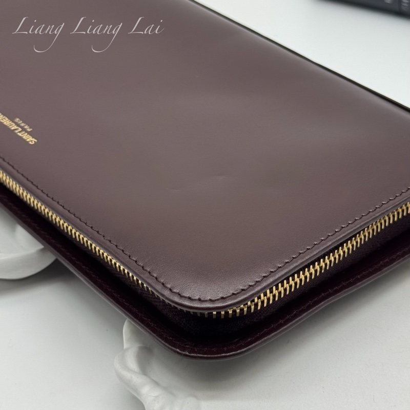 SAINT LAURENT 聖羅蘭 勃根地酒紅色小牛皮手拿長夾-26