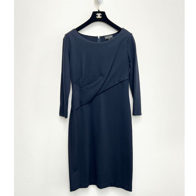 未用 / EMPORIO ARMANI 深藍抓皺洋裝 M-5