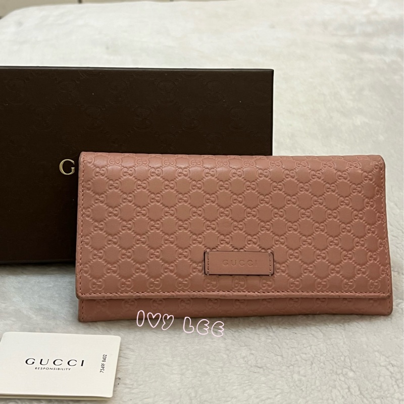 Gucci 449396 經典小雙G LOGO皮革壓紋 長夾 粉 掀蓋扣式 長夾 正品 二手精品-0