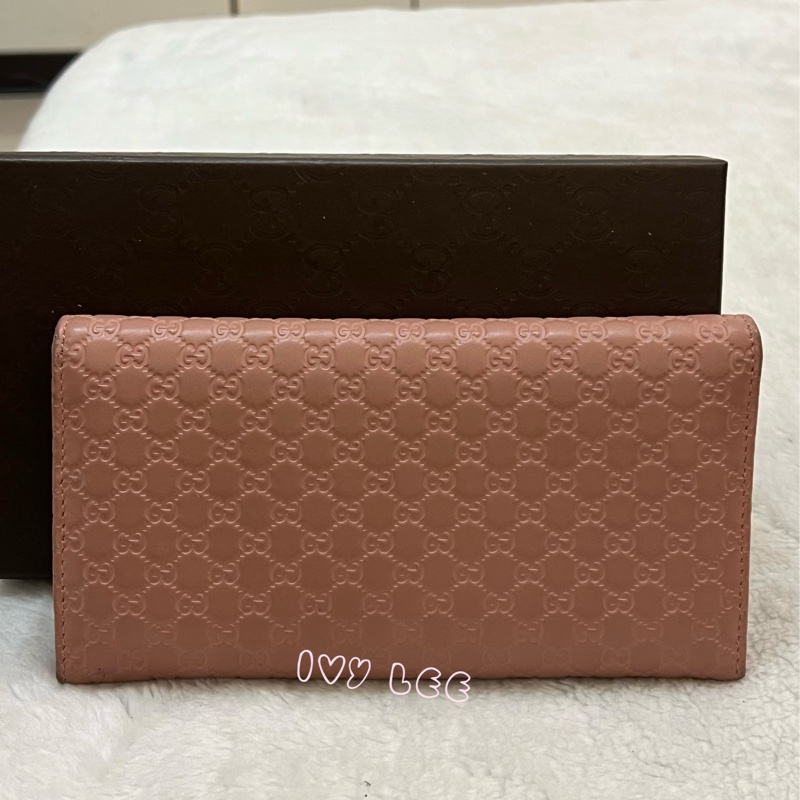 Gucci 449396 經典小雙G LOGO皮革壓紋 長夾 粉 掀蓋扣式 長夾 正品 二手精品-1