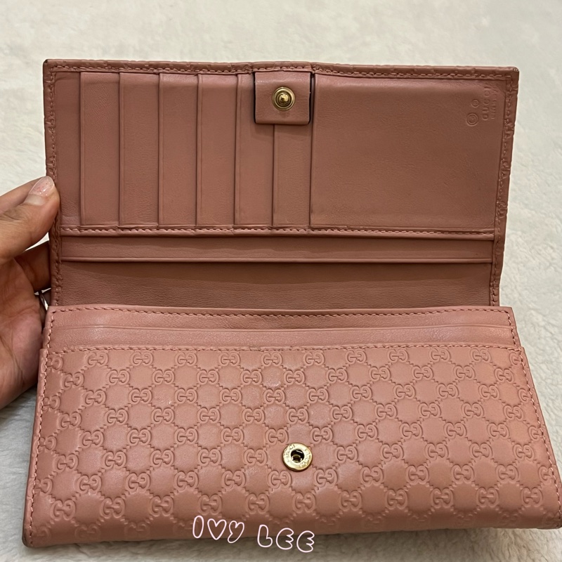 Gucci 449396 經典小雙G LOGO皮革壓紋 長夾 粉 掀蓋扣式 長夾 正品 二手精品-2