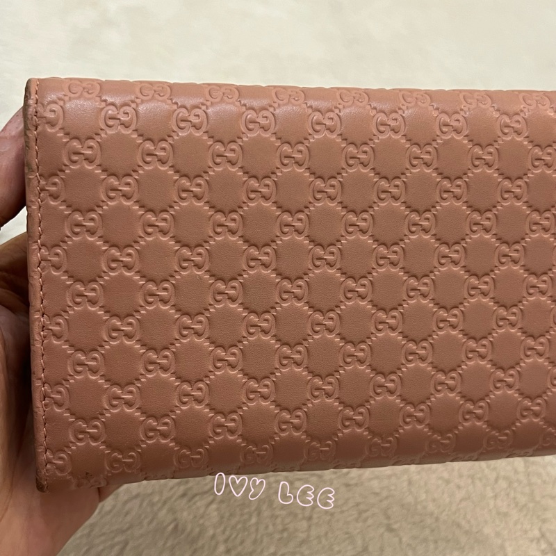 Gucci 449396 經典小雙G LOGO皮革壓紋 長夾 粉 掀蓋扣式 長夾 正品 二手精品-24