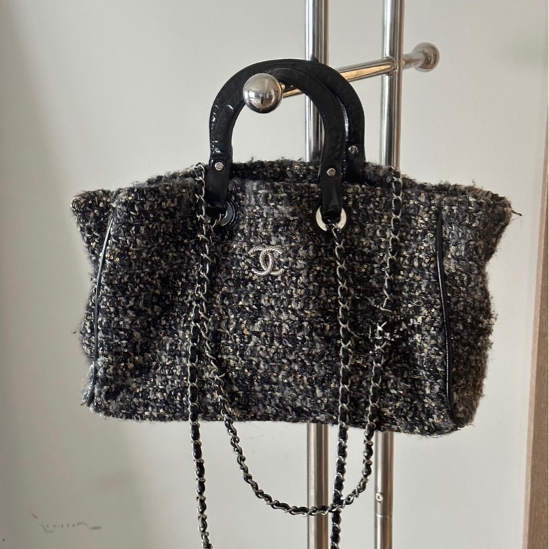「JL精品代購」9新 Chanel 香奈兒 粗花呢機場購物袋手提/肩背包-0