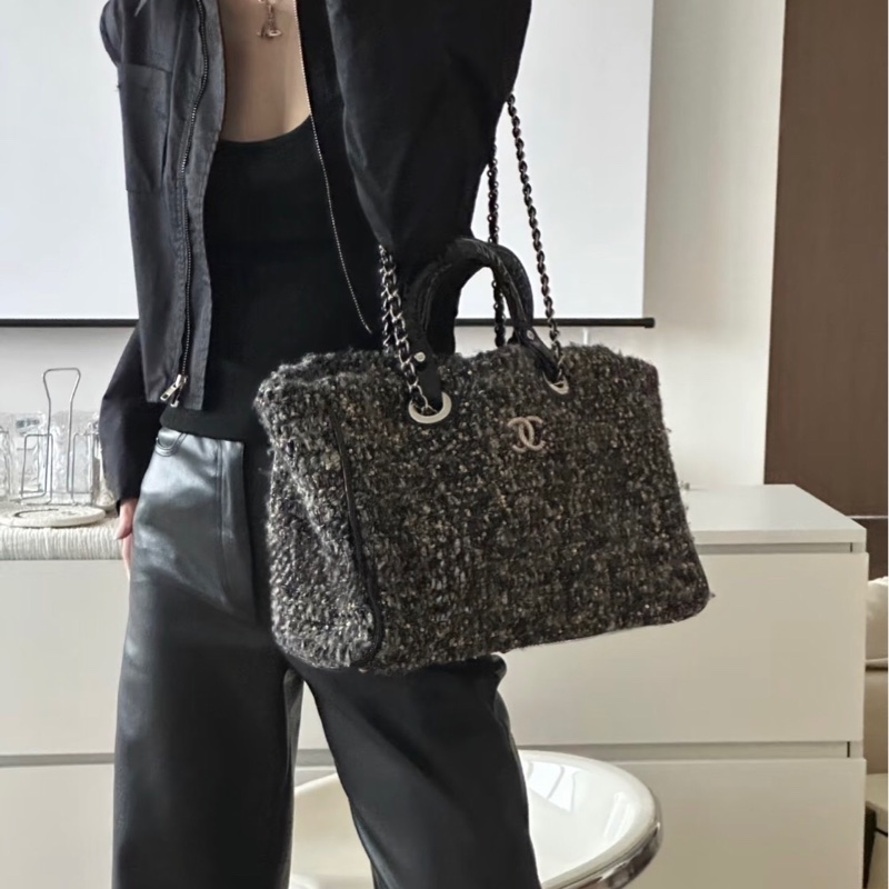 「JL精品代購」9新 Chanel 香奈兒 粗花呢機場購物袋手提/肩背包-1