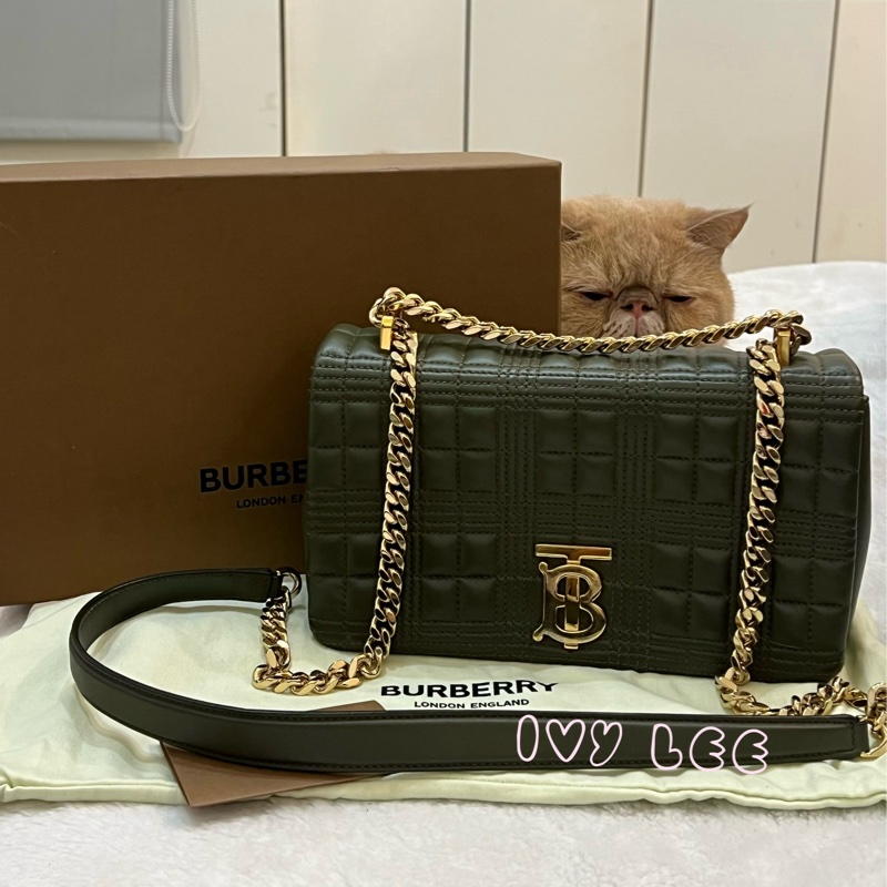 Burberry Lola 系列橄欖綠 絎縫小羊皮 金色 TB Monogram 斜背包 肩背包正品 二手精品-0
