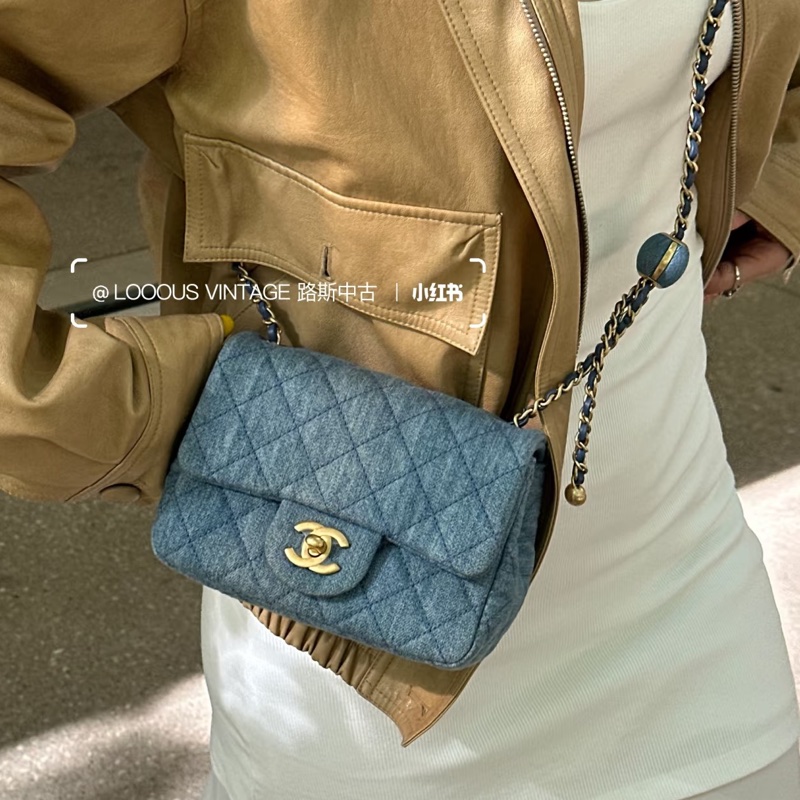 絕美牛仔配色😍99新🆕Chanel香奈兒丹寧金扣金球方胖子單肩斜挎包-0