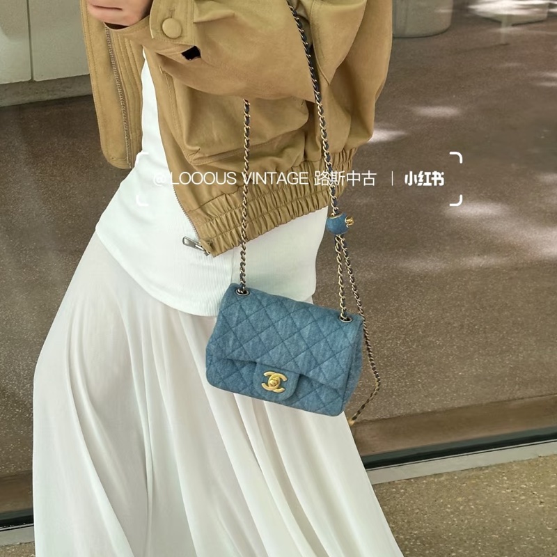 絕美牛仔配色😍99新🆕Chanel香奈兒丹寧金扣金球方胖子單肩斜挎包-1