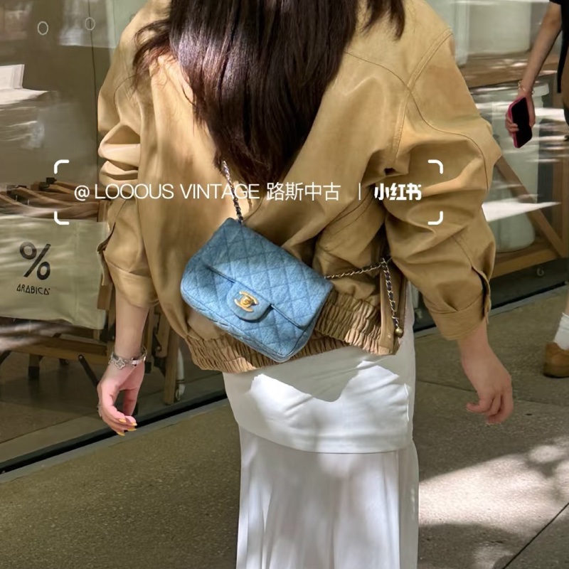 絕美牛仔配色😍99新🆕Chanel香奈兒丹寧金扣金球方胖子單肩斜挎包-2