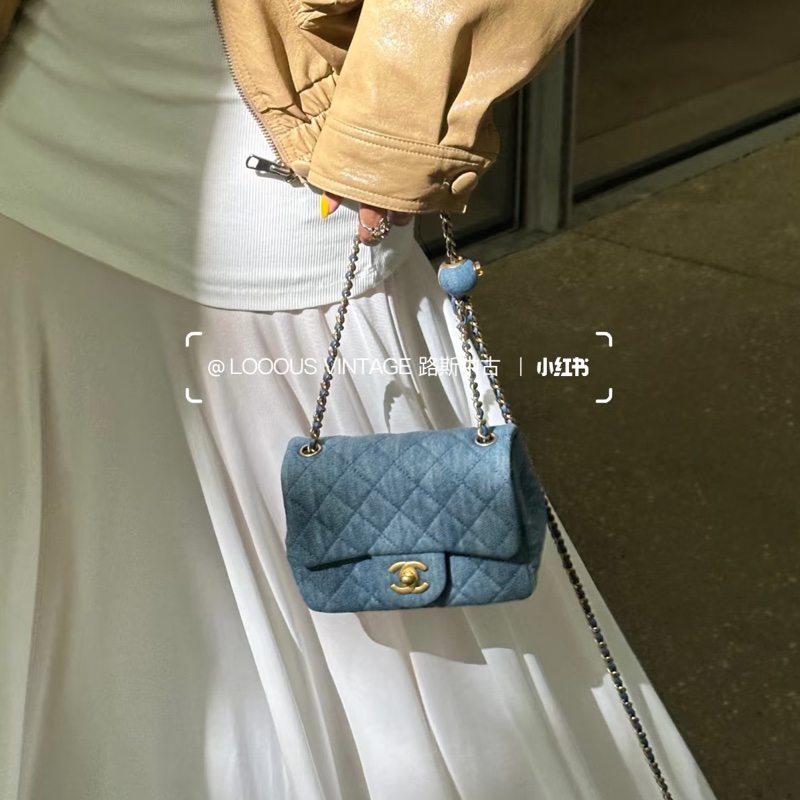 絕美牛仔配色😍99新🆕Chanel香奈兒丹寧金扣金球方胖子單肩斜挎包-3