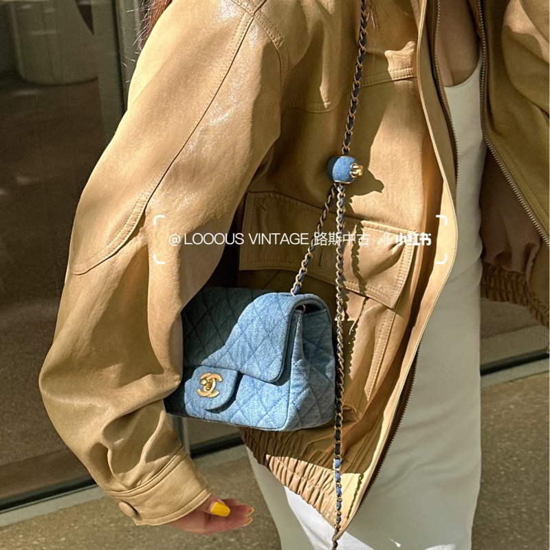 絕美牛仔配色😍99新🆕Chanel香奈兒丹寧金扣金球方胖子單肩斜挎包-4