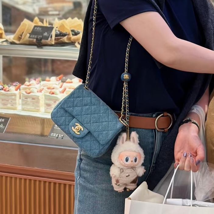 絕美牛仔配色😍99新🆕Chanel香奈兒丹寧金扣金球方胖子單肩斜挎包-5