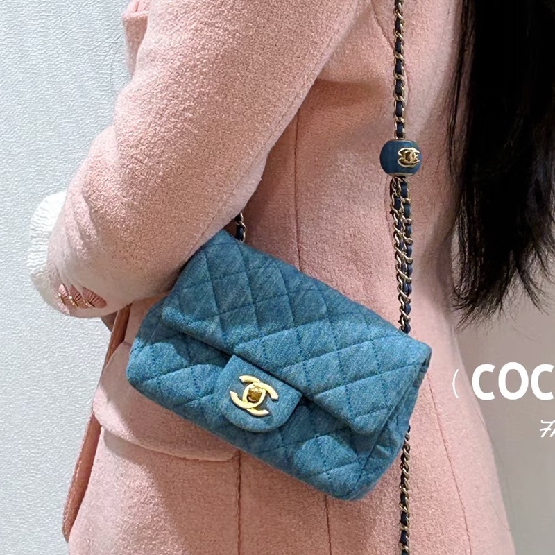 絕美牛仔配色😍99新🆕Chanel香奈兒丹寧金扣金球方胖子單肩斜挎包-7