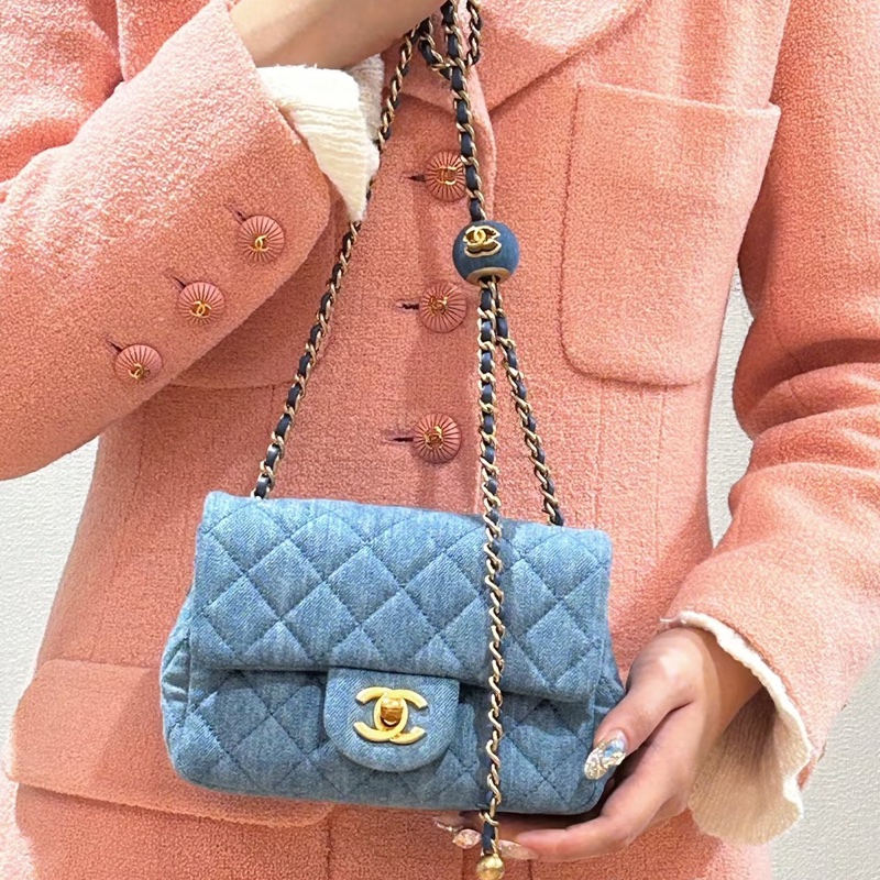 絕美牛仔配色😍99新🆕Chanel香奈兒丹寧金扣金球方胖子單肩斜挎包-8