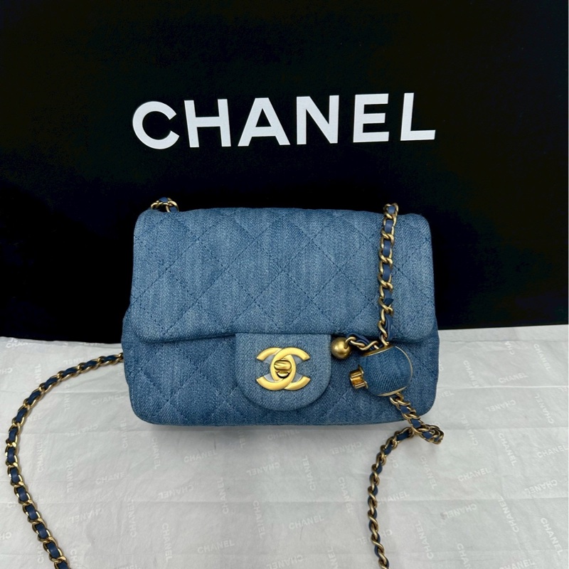 絕美牛仔配色😍99新🆕Chanel香奈兒丹寧金扣金球方胖子單肩斜挎包-9