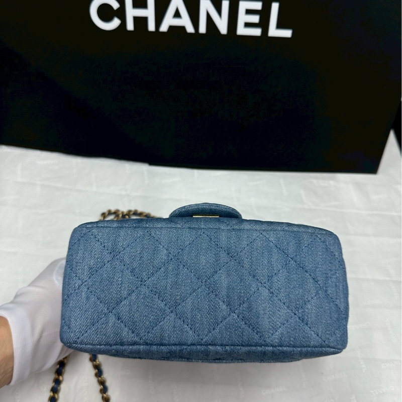 絕美牛仔配色😍99新🆕Chanel香奈兒丹寧金扣金球方胖子單肩斜挎包-10