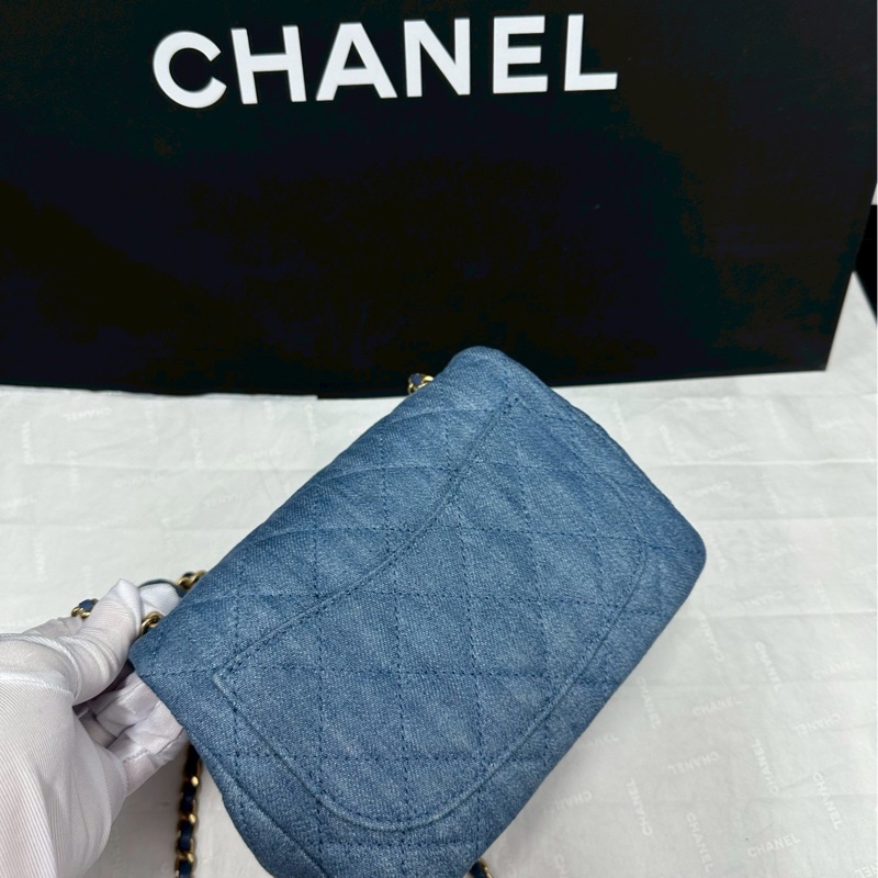 絕美牛仔配色😍99新🆕Chanel香奈兒丹寧金扣金球方胖子單肩斜挎包-11