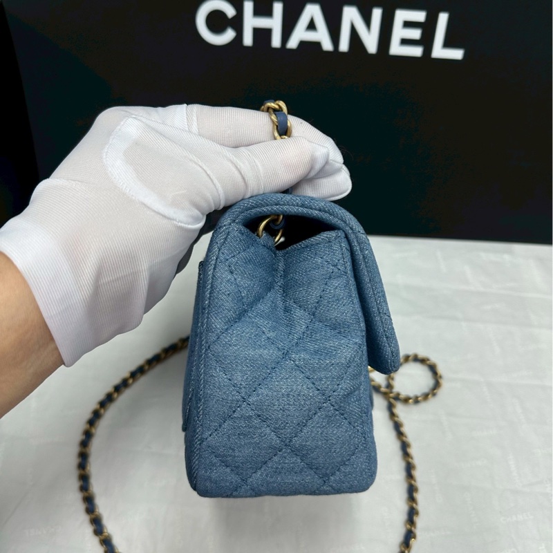 絕美牛仔配色😍99新🆕Chanel香奈兒丹寧金扣金球方胖子單肩斜挎包-12