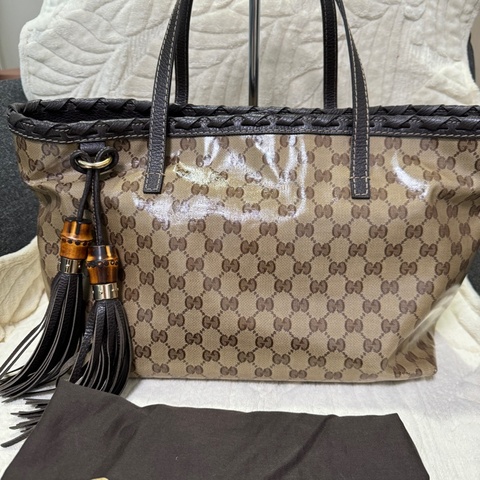GUCCI 專櫃正品354665棕色PVC皮革 流蘇 購物包 肩背包 托特包