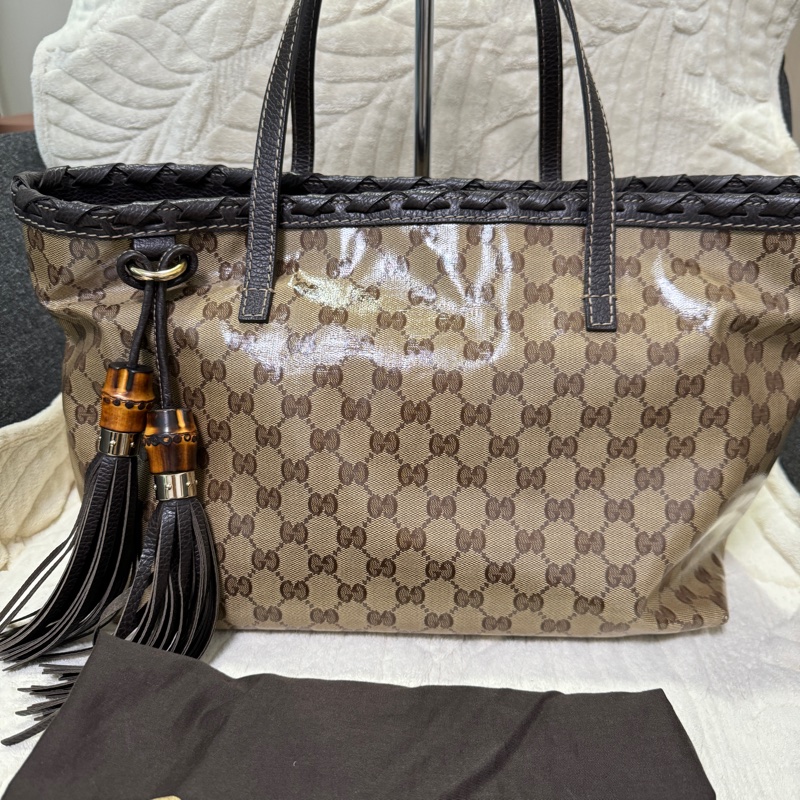 GUCCI 專櫃正品354665棕色PVC皮革 流蘇 購物包 肩背包 托特包-0