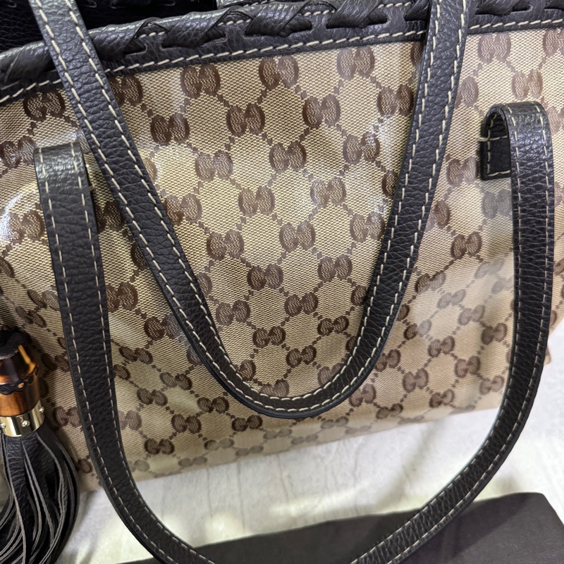 GUCCI 專櫃正品354665棕色PVC皮革 流蘇 購物包 肩背包 托特包-2